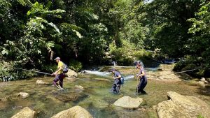 People crossing a stream in nature showing different difficulty levels