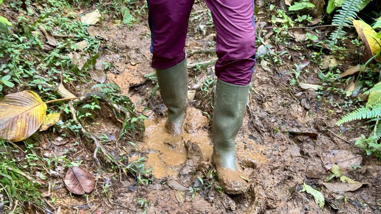 Person walking in muddy terrain