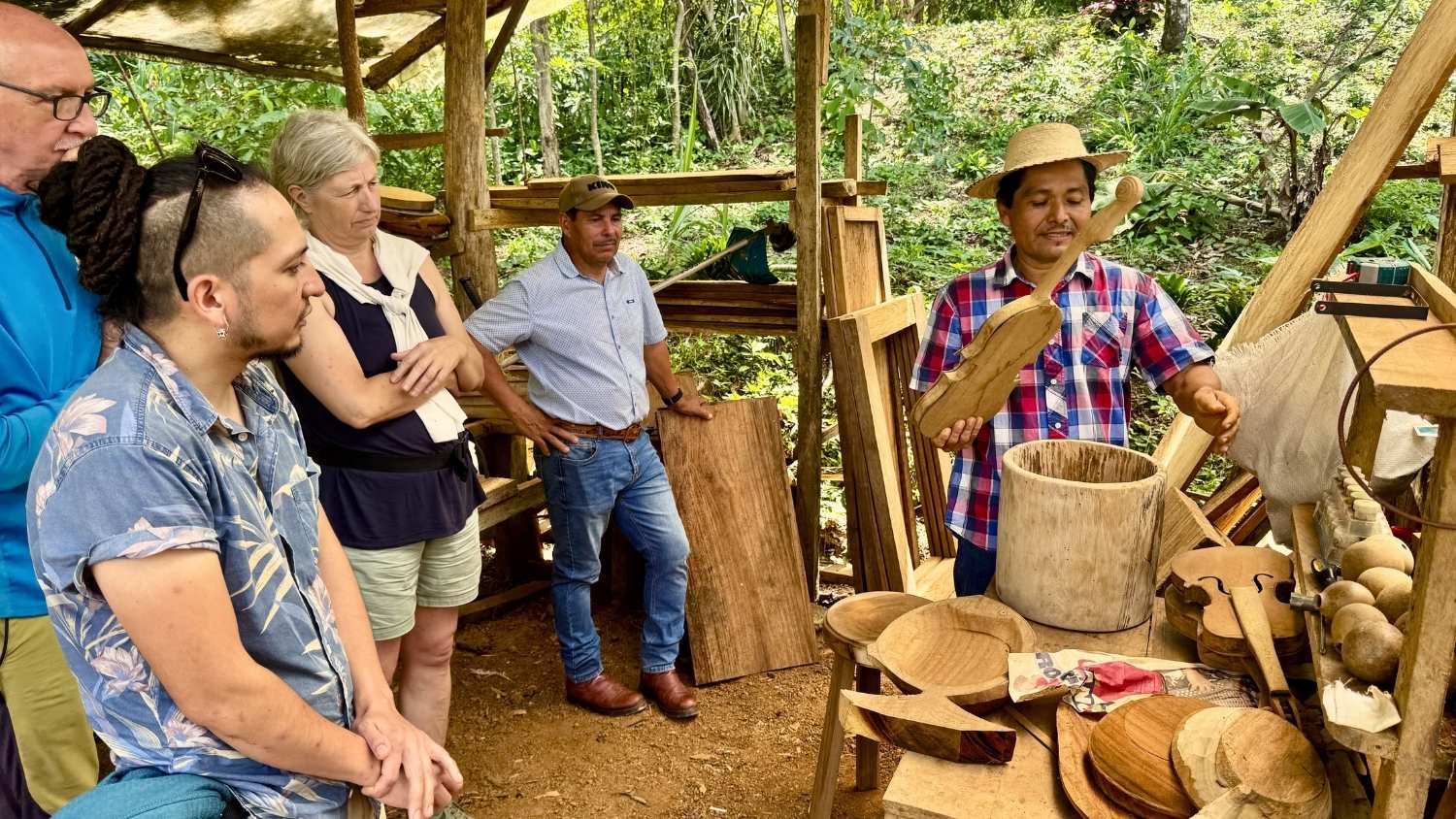 Demonstration of woodworking techniques outdoors